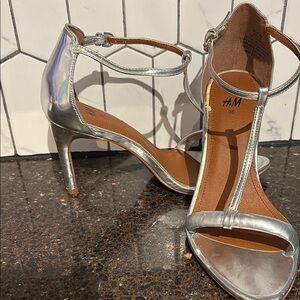 H&M Silver Strappy Heeled Sandals, size 5.5